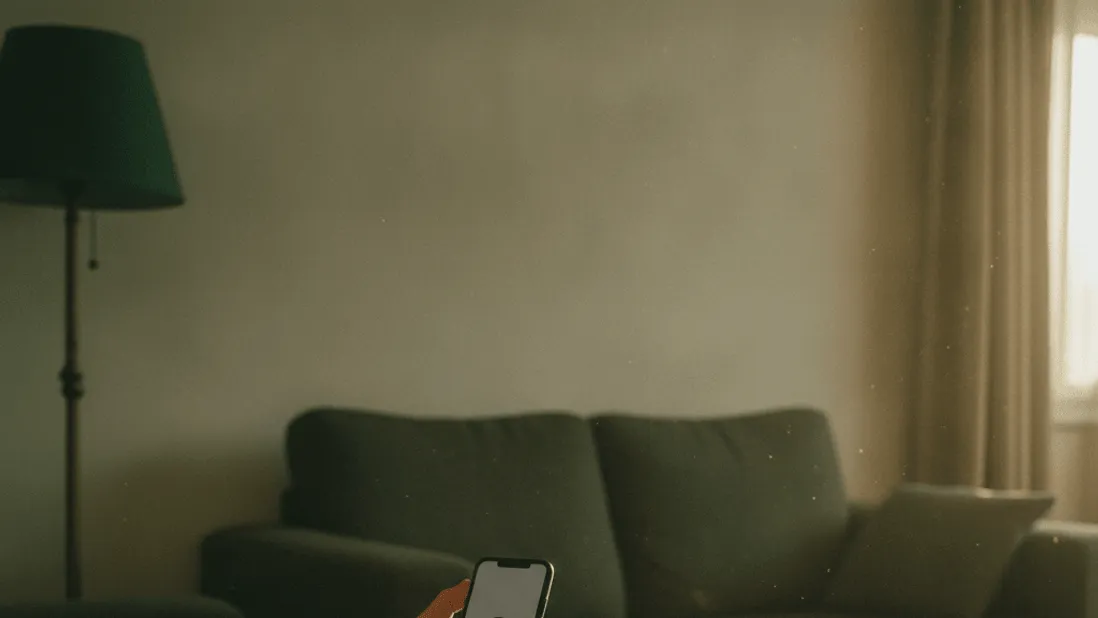 A hand holds a phone with a paused video icon, a snack bowl, and a remote on a couch.