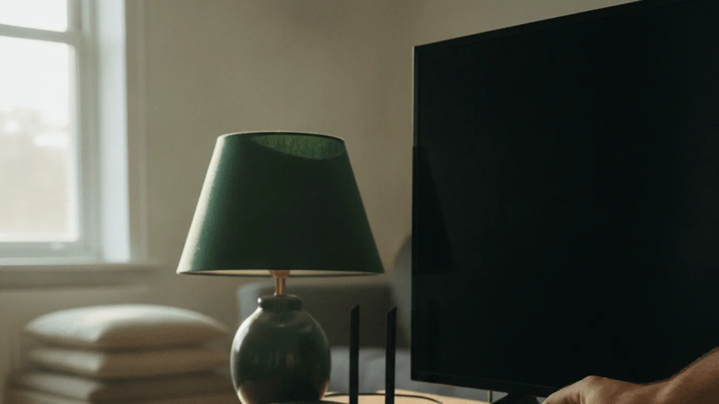 A hand adjusts a streaming box next to a router on a wooden shelf, connected to a dark television by a trailing HDMI cable.