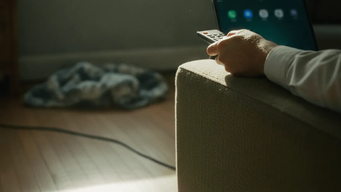 A hand holds a remote close to a tablet on a couch armrest, window light behind.