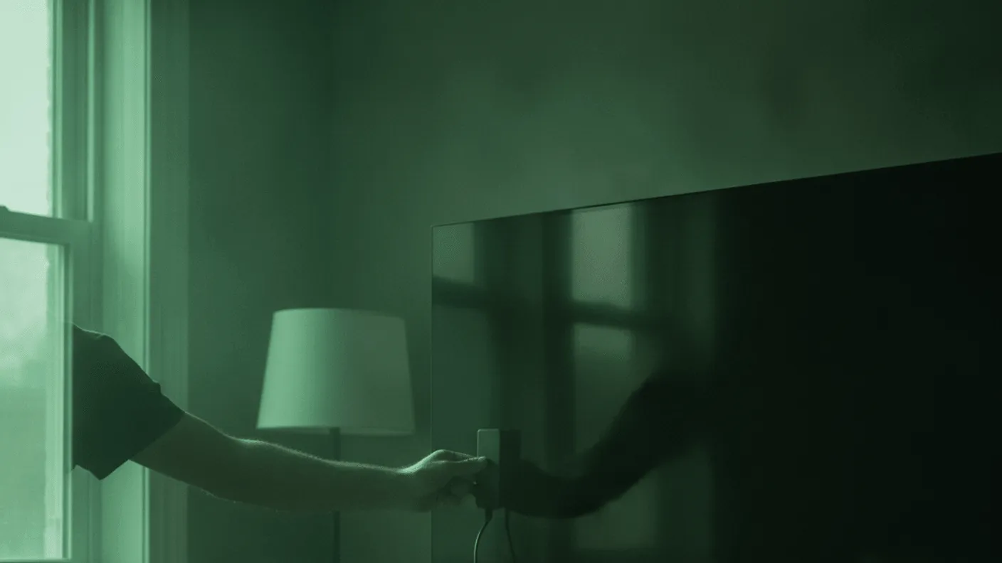A person's hand inserts a device into the back of a wall-mounted television, with cables loosely coiled below.