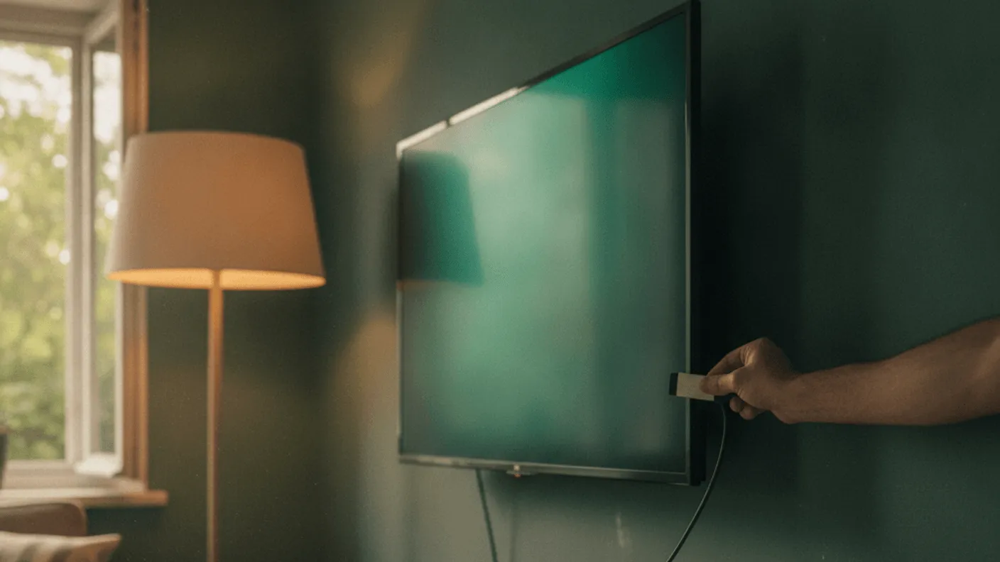 A hand inserts a streaming stick into the back of a wall-mounted TV above a cluttered wood console.