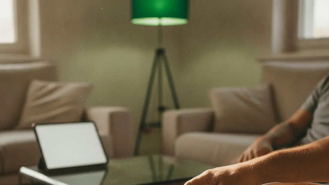 A man's hand adjusts a remote control on a couch armrest next to a bowl of snacks in a sunlit living room.