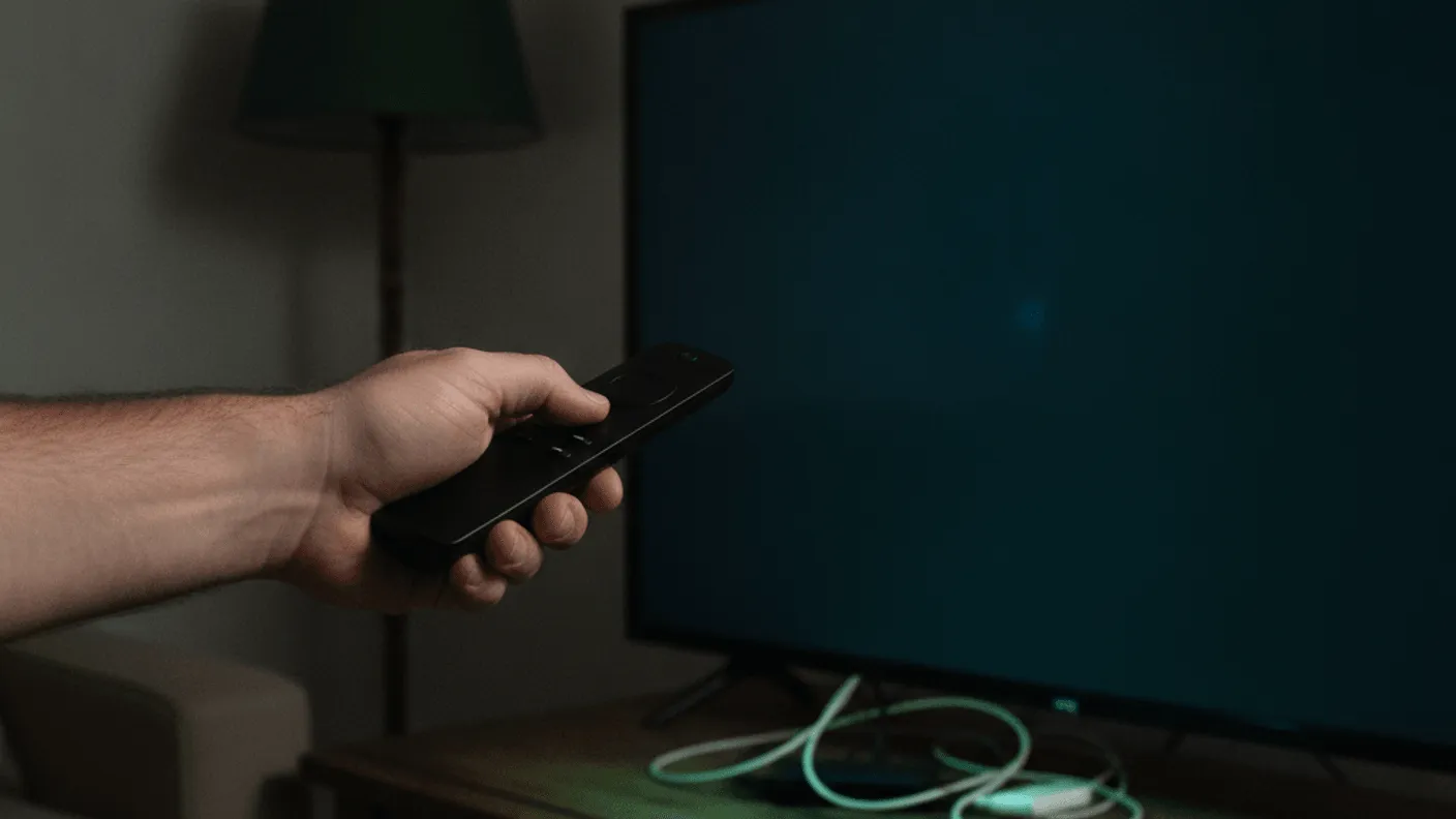 A hand holds a remote pointing at a dark TV screen at night, reflecting a blue glow on a wood table.