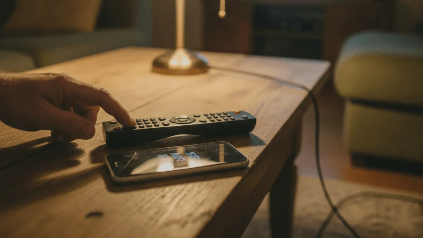 A hand presses a button on a remote control resting on a wooden coffee table beside a phone showing a countdown.