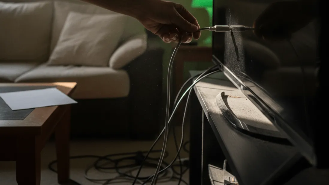 A hand holds an HDMI cable partially plugged into a TV, with dust visible in a sunbeam.