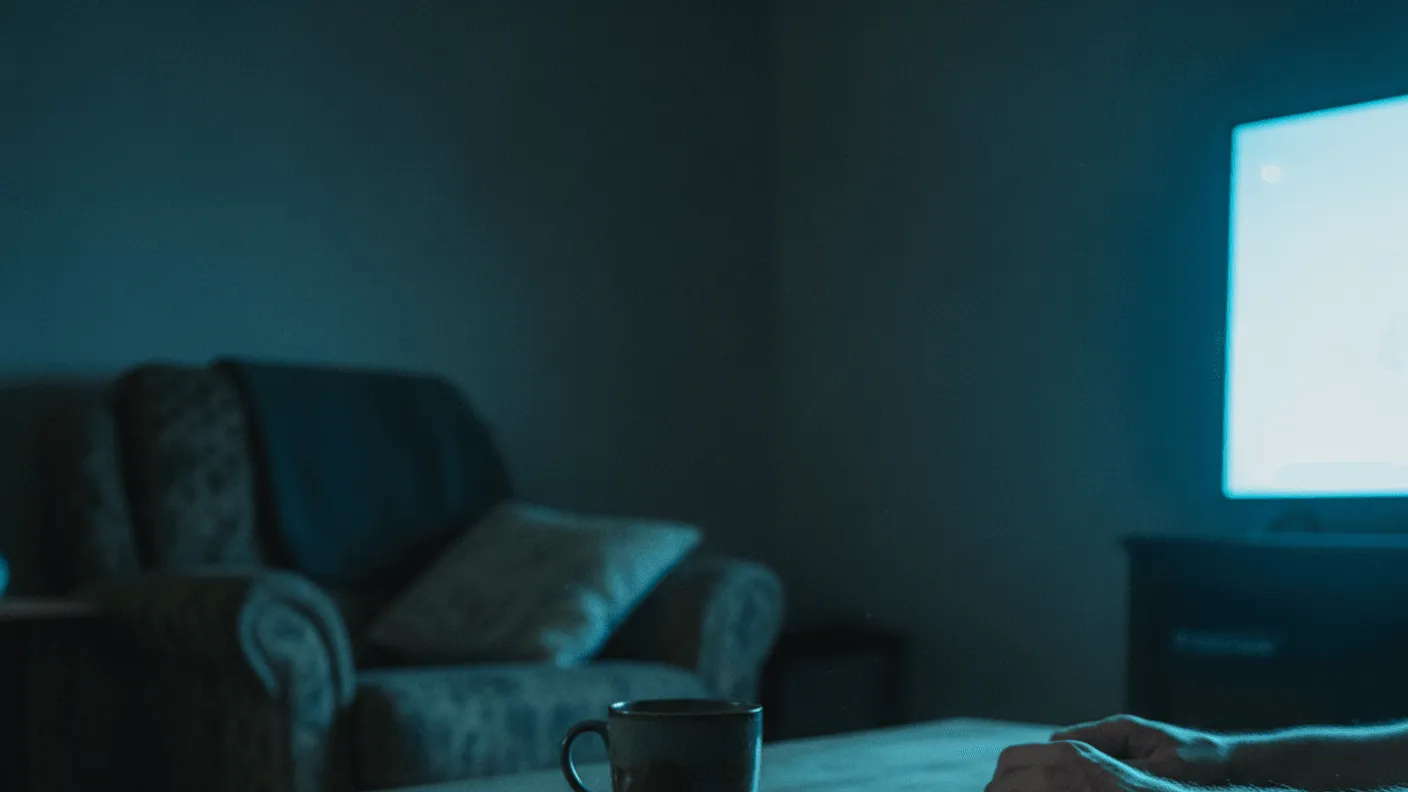 A coffee table at night with a mug, a phone, and a man's hands, illuminated by a faint blue TV glow.
