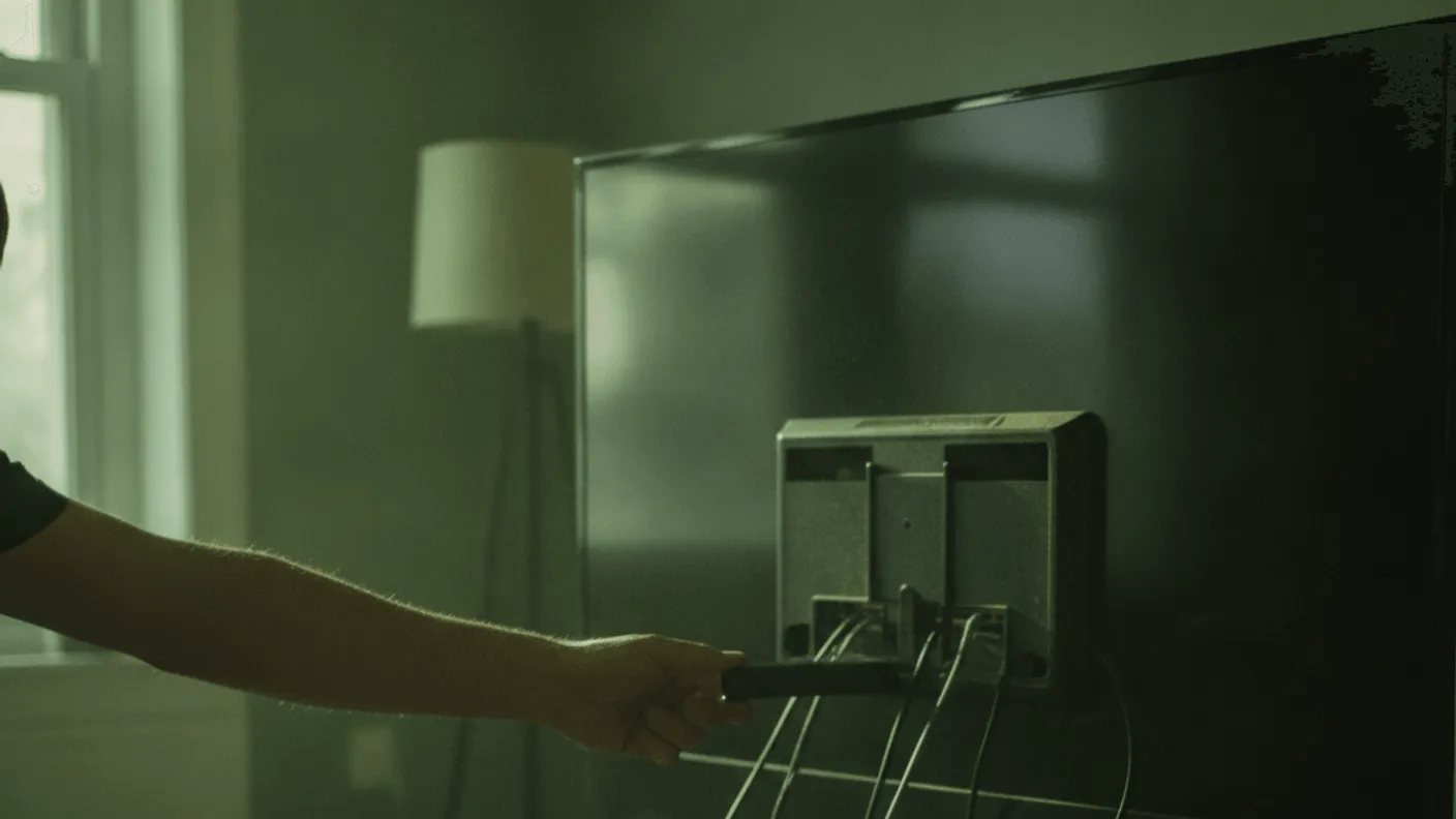 A man inserts a streaming stick into a television, with a subtle green cast from room light.