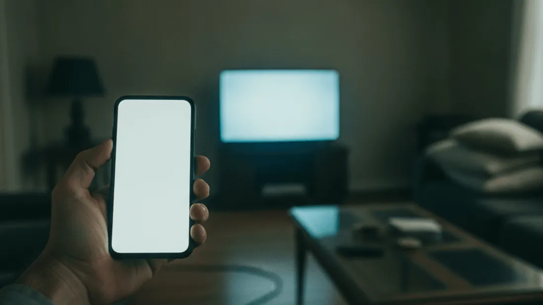 A hand holds a smartphone with a blank white screen, aimed at a dimly lit television in a living room.
