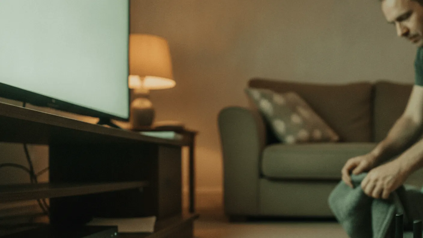 A man plugs an ethernet cable into a router on a carpeted floor, leading to a set-top box under a television.
