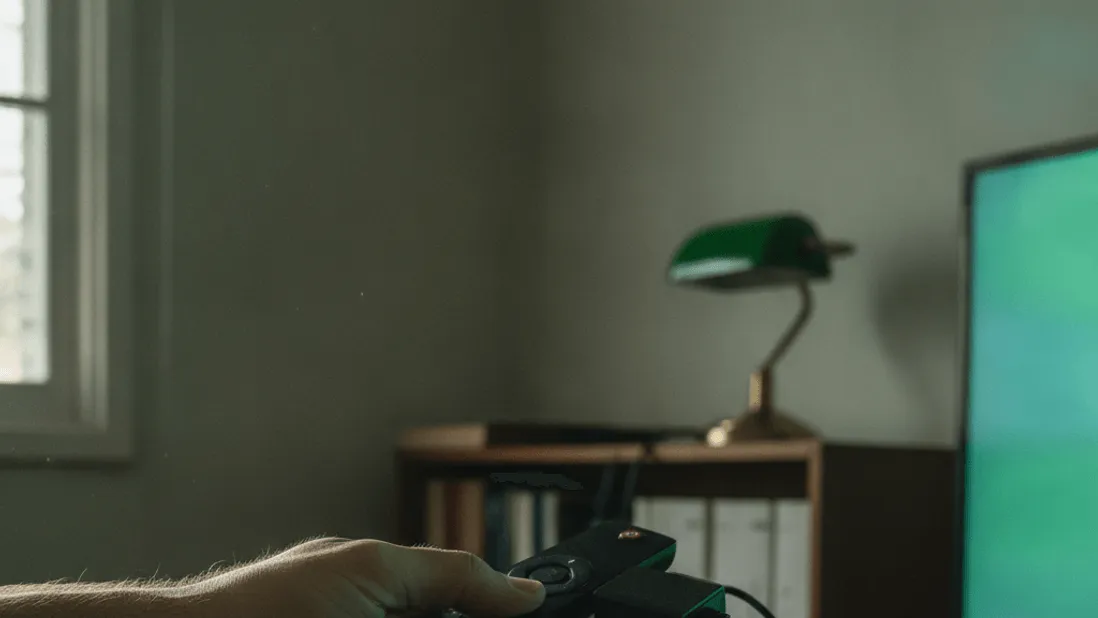 A hand holds a remote with an attached dongle, wires trailing behind a bookshelf near a green-glowing TV screen.