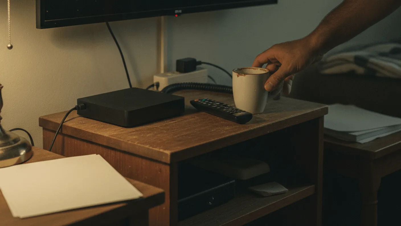 A man's hand reaches for a coffee mug next to a media box and remote control under a switched-off television.