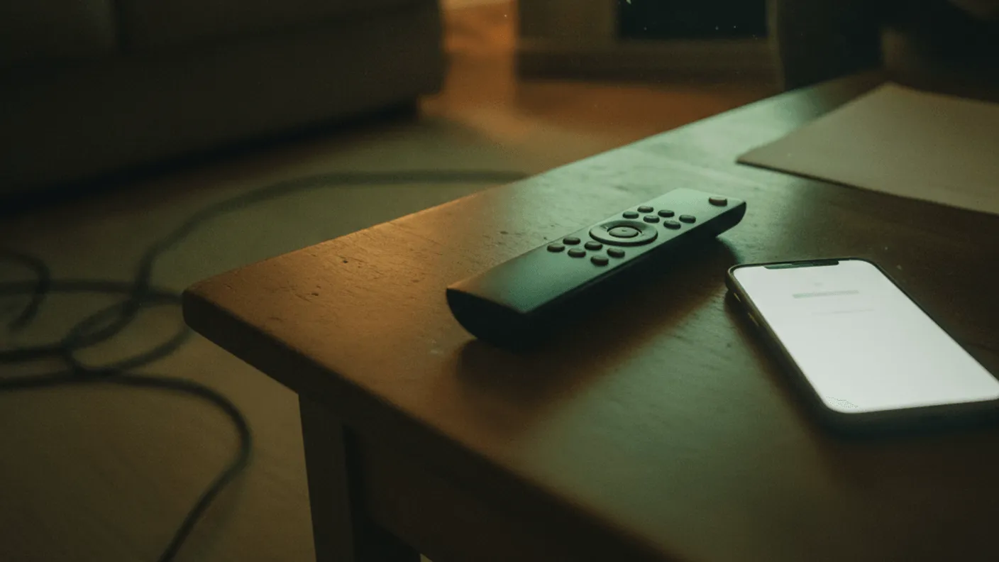 A remote and smartphone on a coffee table, with a television and sofa in the background.