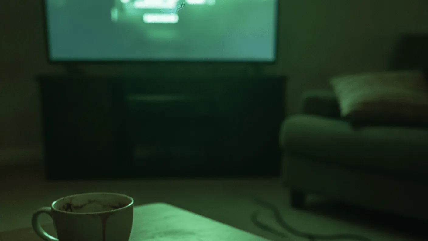 A hand holds a remote on a wooden table beside a coffee cup, with a television in the background.