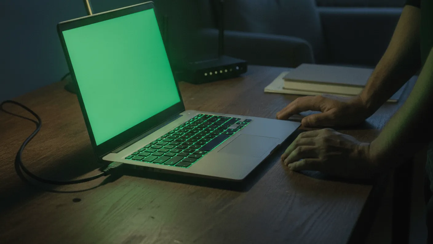 A laptop and router sit on a wooden desk with a green-shaded lamp, a person's hands rest on the desk.