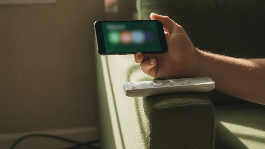 A hand holds a smartphone with a blurred screen while a remote rests on a green couch armrest.