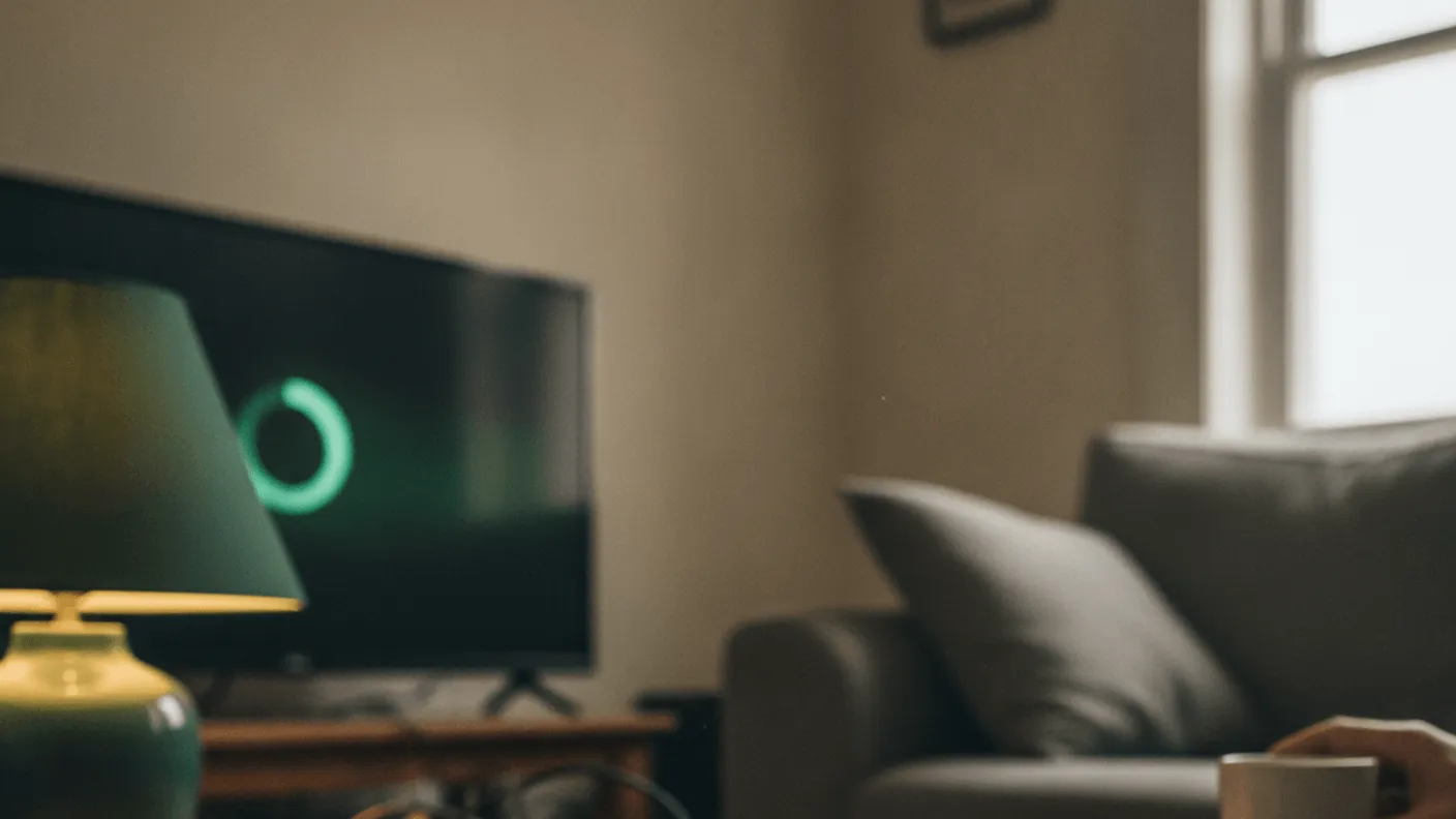 A remote control rests on a wooden coffee table in a dimly lit living room, with a television in the background.