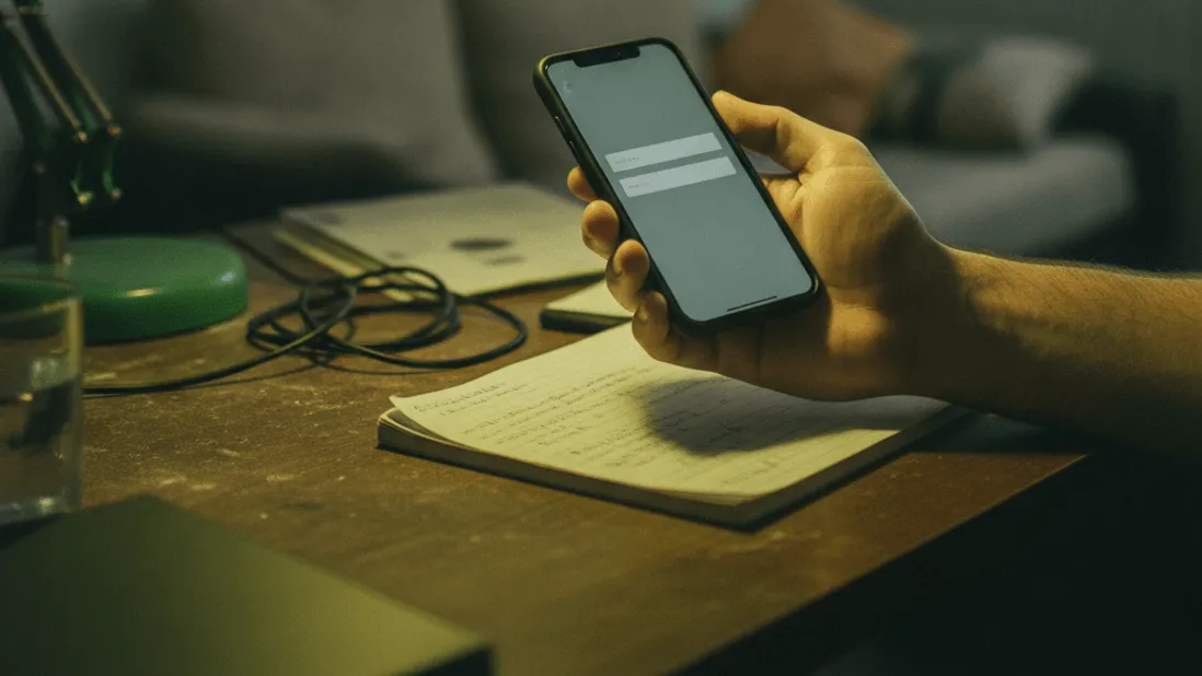 A hand holds a smartphone displaying a blank login form under the green light of a desk lamp, with a notebook nearby.