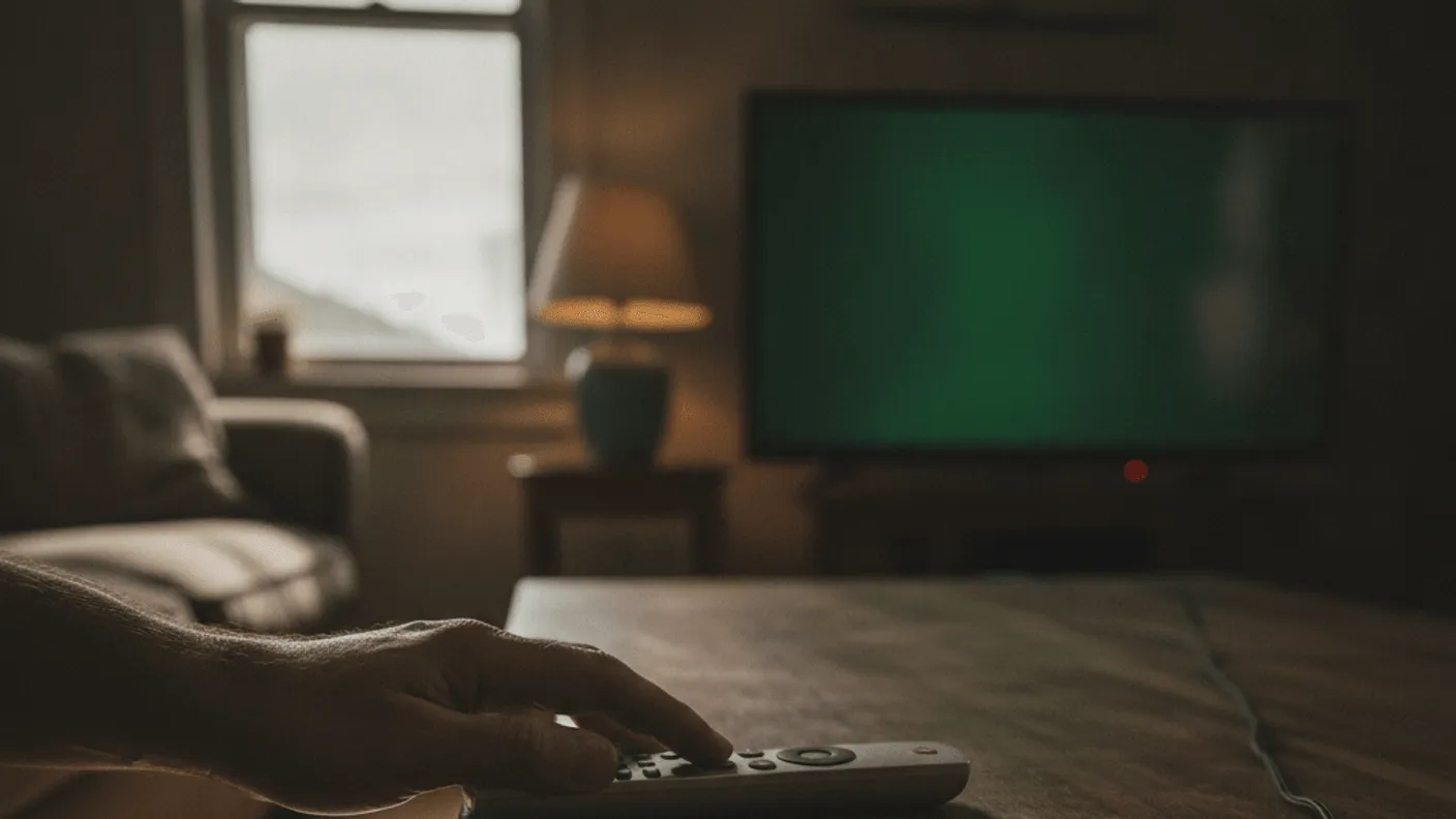 A hand reaches for a remote on a wooden coffee table, with a glowing green TV in the blurred background.