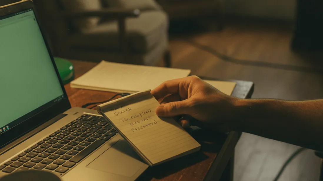 A hand holds a notepad with scribbled text next to a laptop under a green desk lamp.