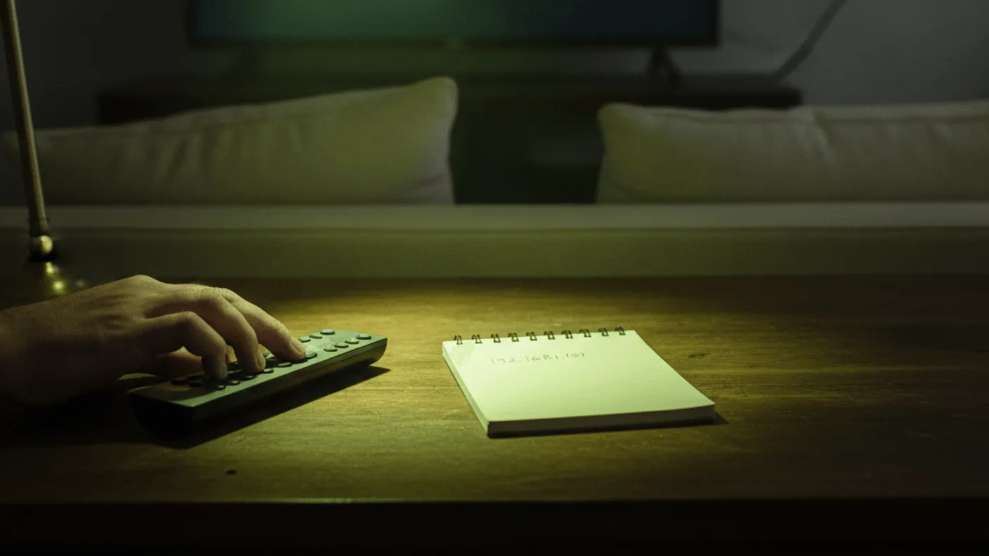 A hand holds a remote control beside a notepad with a server address, lit by a lamp and a television.