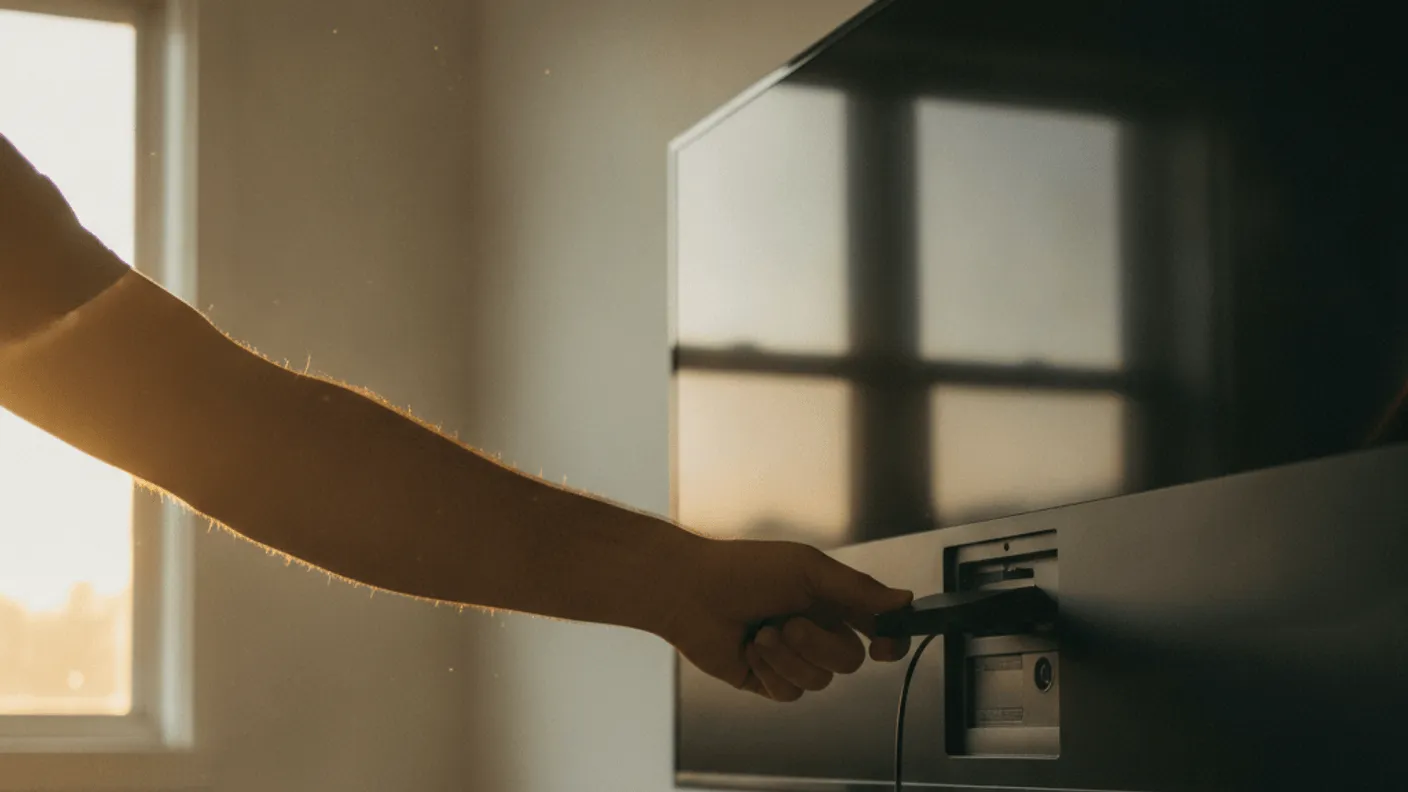 A hand pushes a black streaming stick into a wall-mounted television's HDMI port, with a cable dangling below.