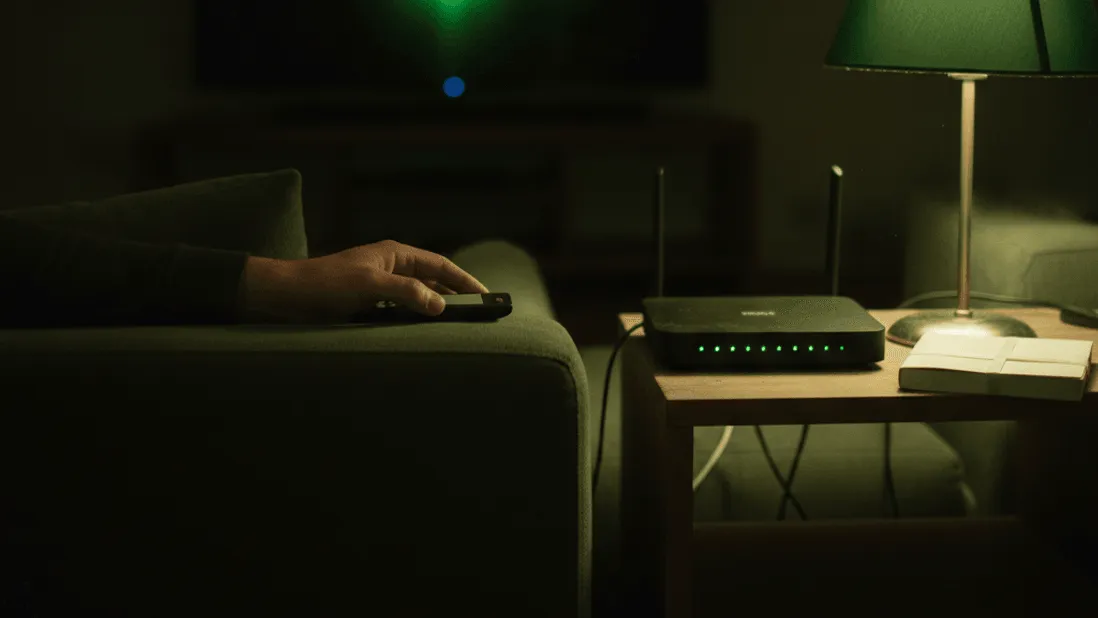 A man's hand rests a remote on a sofa arm, a router with steady lights on a shelf behind, lit by a single lamp.