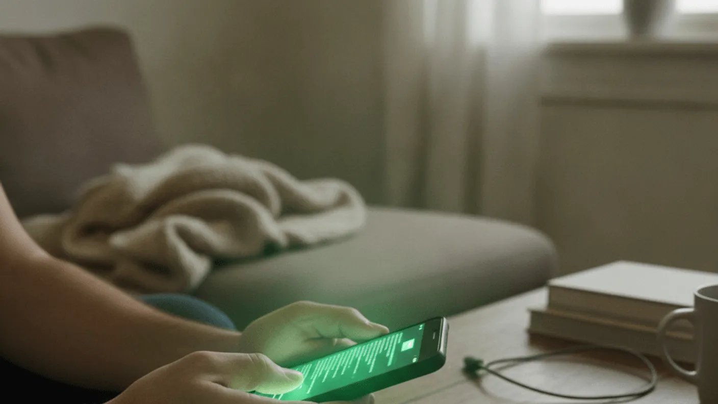 A person holds a phone displaying a green-lit screen above a wooden coffee table, with a remote beside it.