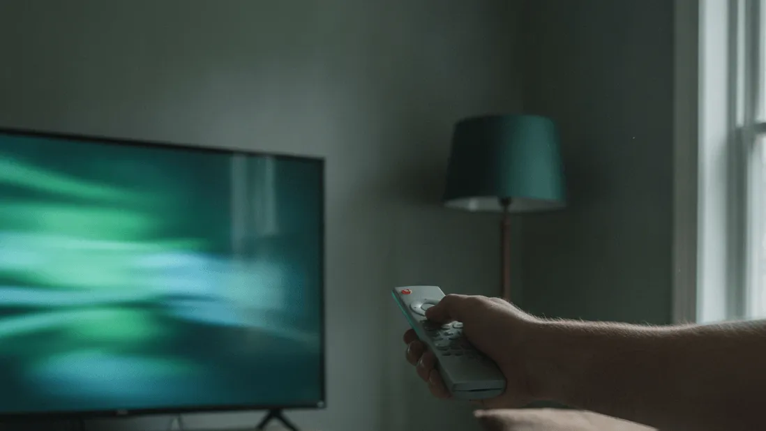 A hand holds a remote, pointing towards a green-glowing television in a dimly lit living room.