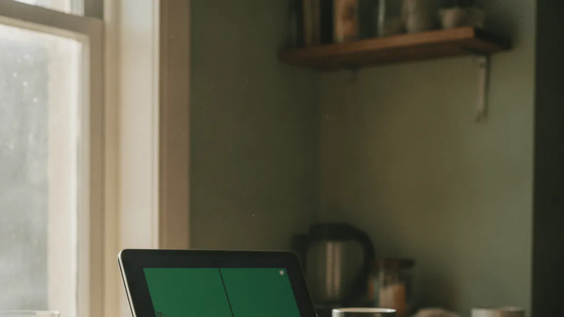 A tablet propped against a coffee mug on a kitchen counter shows two green video grids, with morning light.