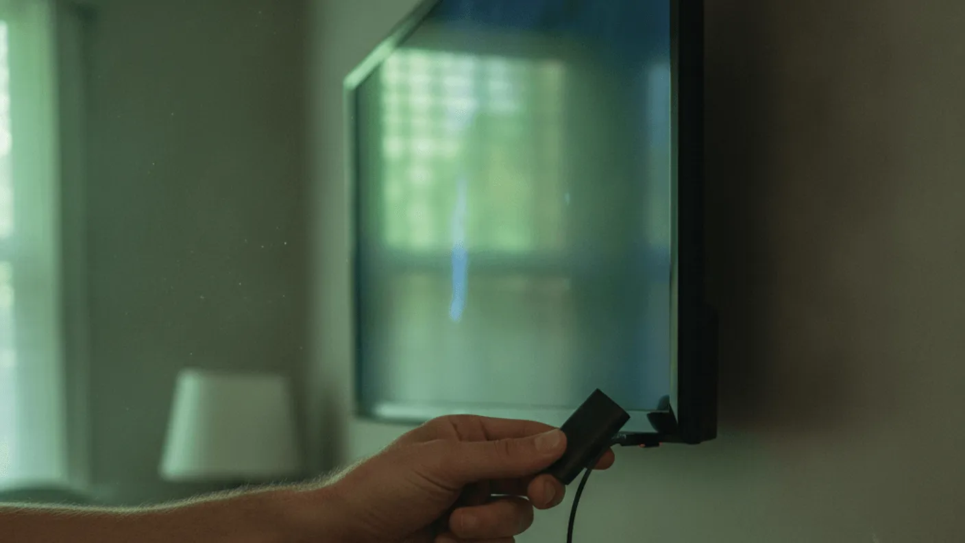 A hand holding a streaming stick, inserting it into a wall-mounted television in a dimly lit room.
