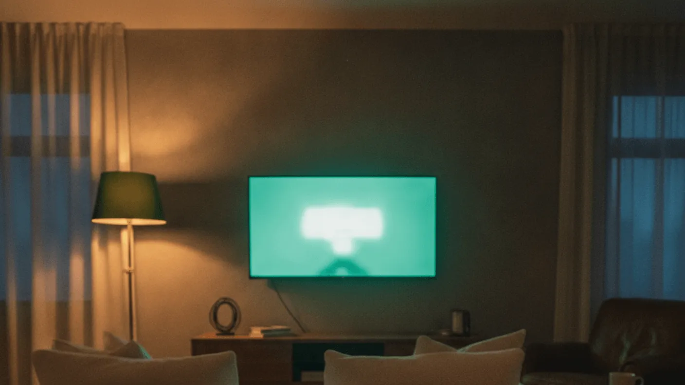A man's hand holds a remote control in a dimly lit living room with a glowing television screen.
