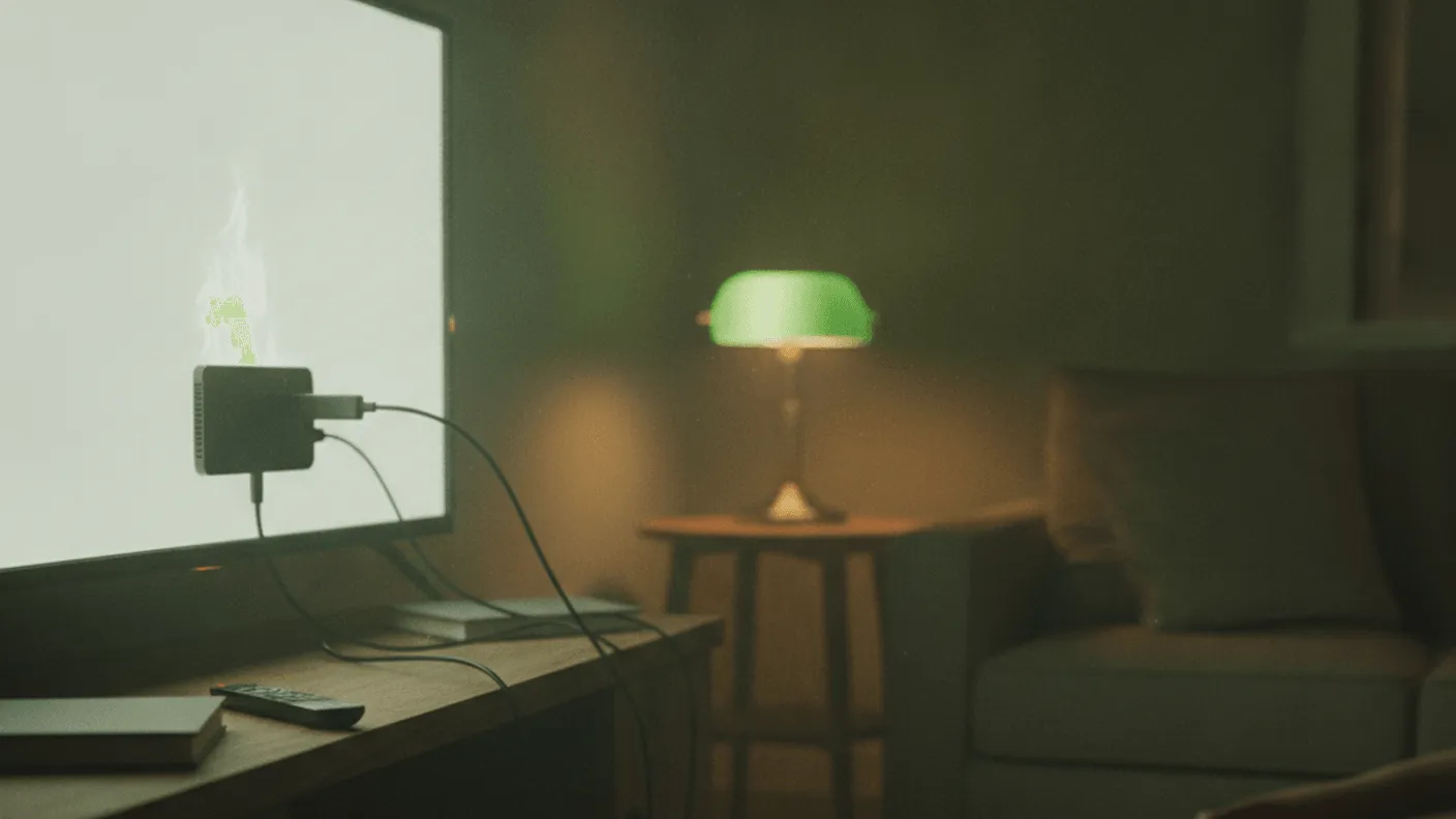 A media streaming device plugged into a television in a dim living room with a person seated nearby.