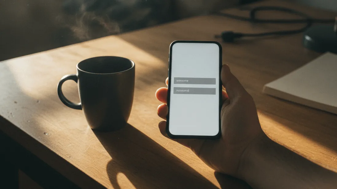 A hand holds a smartphone displaying a login screen, resting on a kitchen table beside a coffee mug.