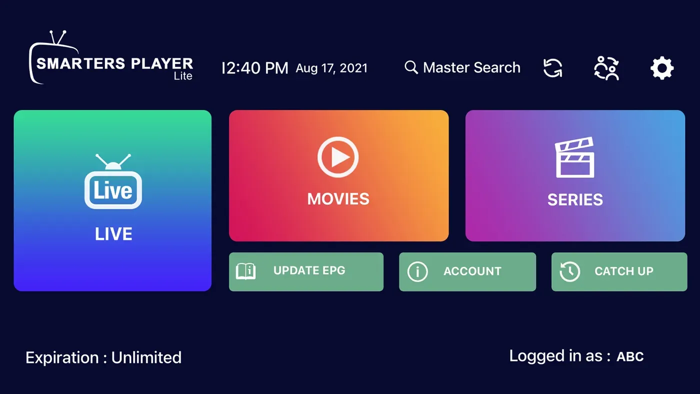 The Smarters Player home screen: three large tiles for Live, Movies and Series, with Update EPG, Account and Catch Up buttons beneath them.