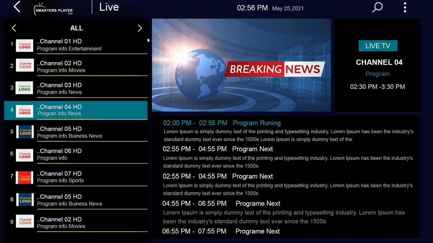 The Smarters Player live TV view: a channel list on the left, the current stream in the centre, and a now-and-next programme guide underneath.