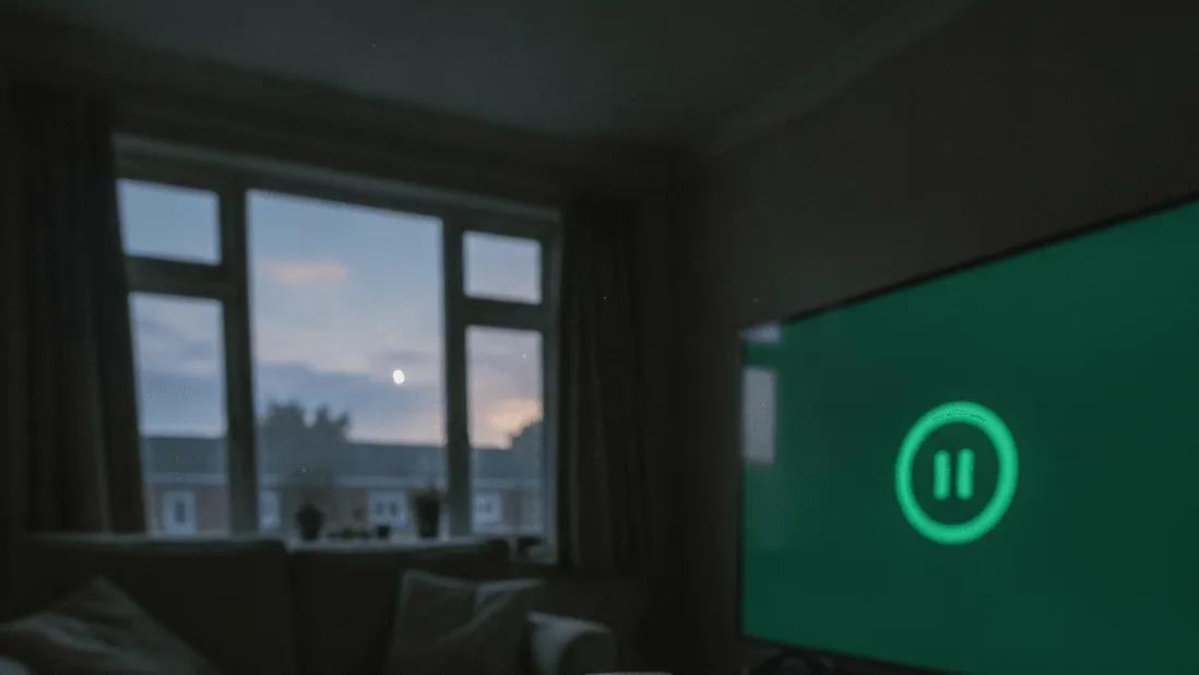 A hand holds a remote control in a dimly lit room with a television displaying a paused loading circle.