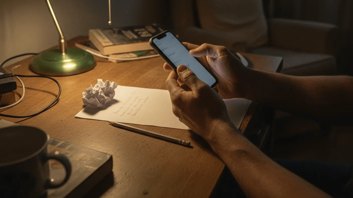 A person's hands type on a phone next to a handwritten note on a wooden desk with a green lamp.