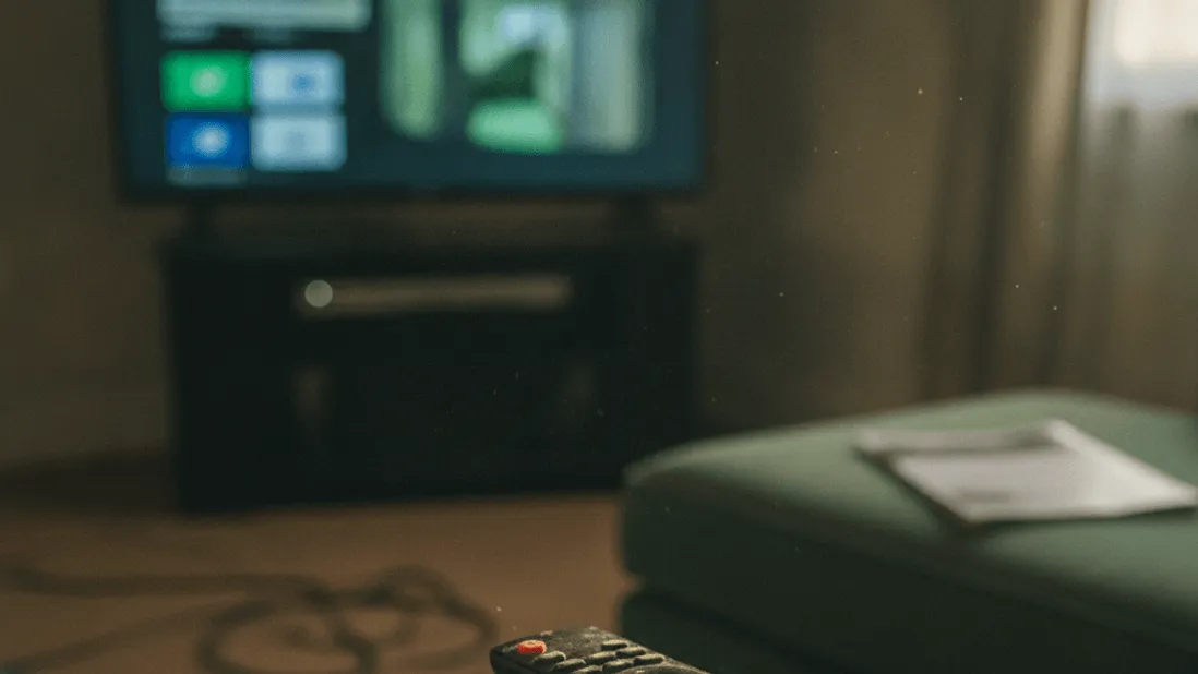 A close up of a television remote resting on a couch armrest, with a blurred screen in the background.