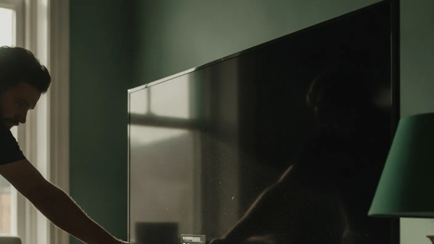 A man is inserting a rectangular streaming device into an HDMI port behind a television, with cables and a lamp nearby.