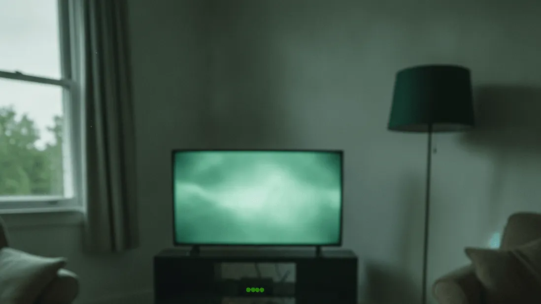 A hand holds a remote, aimed at a dimly lit TV stand with a router below, in a living room at dusk.